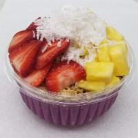 Pina Colada Pitaya Bowl · Organic pitaya blended with: peanut butter, banana, strawberry, coconut, coconut water. Topp...