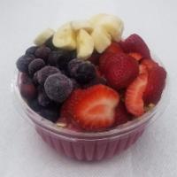 Creamy Pitaya Bowl · Organic pitaya blended with: banana, strawberry, blueberry, frozen yogurt, almond milk. Topp...