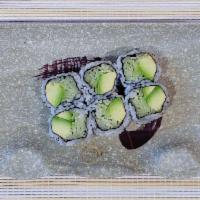 Avocado & Cucumber Roll · Avocado, Cucumber, wrapped with seaweed, with rice on the outside. 