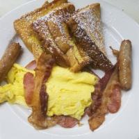 Bronx Breakfast · Pancakes, waffle or french toast with two eggs, bacon, ham and sausage.
