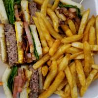 Cheeseburger Club Sandwich · Bacon, lettuce and tomato. Served with french fries or potato salad, cole slaw and pickle.