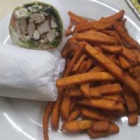 Chicken Greek Wrap · Lettuce, tomato, cucumber, peppers, onion, feta and tzatziki sauce.