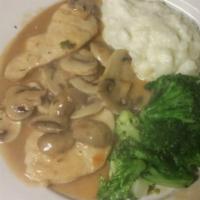 Chicken Marsala Dinner · Served over pasta, over rice or potato and vegetable with choice of soup or salad and garlic...