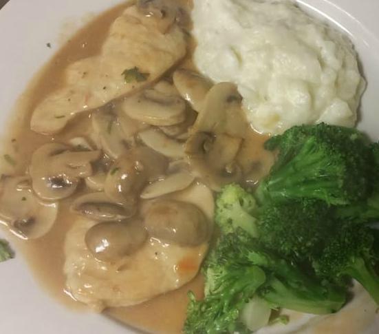 Chicken Marsala Dinner · Served over pasta, over rice or potato and vegetable with choice of soup or salad and garlic bread.
