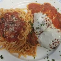 Chicken Parmigiana Dinner · Served over pasta, over rice or potato and vegetable with choice of soup or salad and garlic...