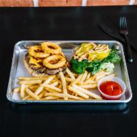 Miguelito Burger · Bacon cheeseburger with onion rings, pickles, lettuce, onions, and chipotle mayo.