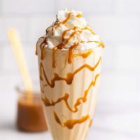 Salted Caramel pretzel milkshake  · 3 scope vanilla ice cream, splash of milk, Carmel sauce, 1 handful pretzels.