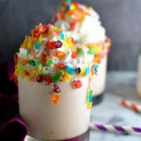 Fruity pebbles milkshake  · 3 scope vanilla ice cream, splash of milk, 2 handful fruity pebbles.