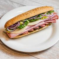 Italian Submarine · Smoked Ham, Genoa Salami, Provolone Cheese, Red Onions, Hot Peppers, Lettuce, Olive Oil, Red...