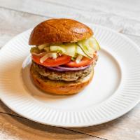 Turkey BURGER · Lettuce, Tomatoes, Onions, Pickles on a Toasted Brioche Bun