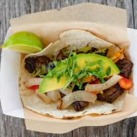 Fajitas Borrachas Lunch · Tequila marinated skirt steak, roasted bell peppers, sauteed onion, cilantro, avocado, with ...