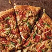 Deluxe Pizza · Classic pepperoni, Italian sausage, mushrooms, green peppers, onions, sauce and three cheese...
