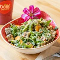 Kale Cesar Salad · Kale, squirrel & crow soy-free baked local tempeh, spinach, almond parmesan, pepitas, house-...