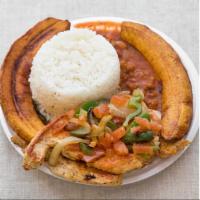 Spanish Style Seasoned Chicken · Seasoned Latin baked chicken, rice, beans and fried plantains.