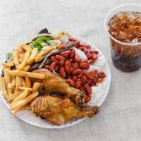 Crazy Woodside Gourmet Lunch · 2 choice of protein with rice and beans, fries and choice of can of soda.  Please choose fro...