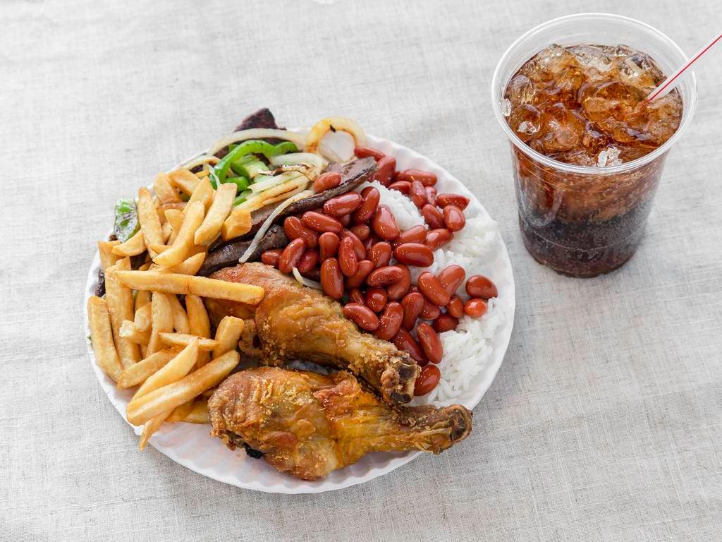Crazy Woodside Gourmet Lunch · 2 choice of protein with rice and beans, fries and choice of can of soda.  Please choose from two types of meat - Chicken, Fish, Beef & Lamb