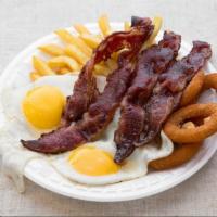 Breakfast Platter with small french fries · 2 eggs, Bacon strips, french fries, with a side of onion rings or home fries.
