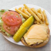 Cheese Burger with Fries · Grilled Burger meat over soft bun with choice of cheese. Comes with a side of fries.