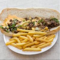 Philly Cheesesteak Sandwich with french fries · Toasted hero bread with chopped green peppers, onions, steak and your choice of cheese. Come...