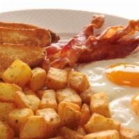 2 Eggs Any Style Platter with bacon · Served with home fries, toast.