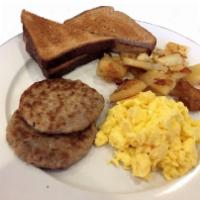 2 Eggs Any Style Platter with Sausage · Served with home fries, choice of toast.