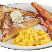 French Toast with eggs any style and Meat · Golden French Toast with two eggs any style and meat of your choice from ham, bacon or sausa...