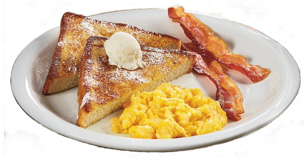 French Toast with eggs any style and Meat · Golden French Toast with two eggs any style and meat of your choice from ham, bacon or sausage 