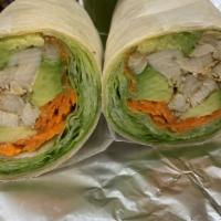 Chicken Avocado Wrap · Grilled chicken breast, carrots, avocado, lettuce, tomatoes and chipotle mayonnaise.