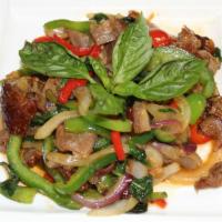 Spicy Basil · Spicy basil with pepper, onion and chili paste. with white rice
