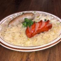 2 Sausage entree · Bratwurst and Knockwurst served with potato salad and sauerkraut