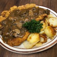 Jägerschnitzel · Our most popular item, the Hunter's Cutlet is a breaded veal cutlet, topped with a sauce mad...