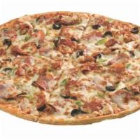 The Works Thin Crust Pizza · A heaping helping of premium pepperoni, julienne-cut Canadian bacon, spicy Italian sausage, ...