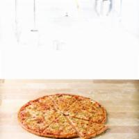 Tuscan Six Cheese Thin Crust Pizza · Layered with signature pizza sauce and an authentic blend of Parmesan, Romano, Asiago, Fonti...