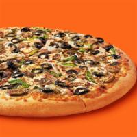 Veggie Pizza · Large round pizza with green peppers, onions, mushrooms, black olives and Italian seasoning.