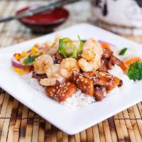 Shrimp & Chicken Teriyaki · Extras are for an additional charge. Substitute side for an additional charge.