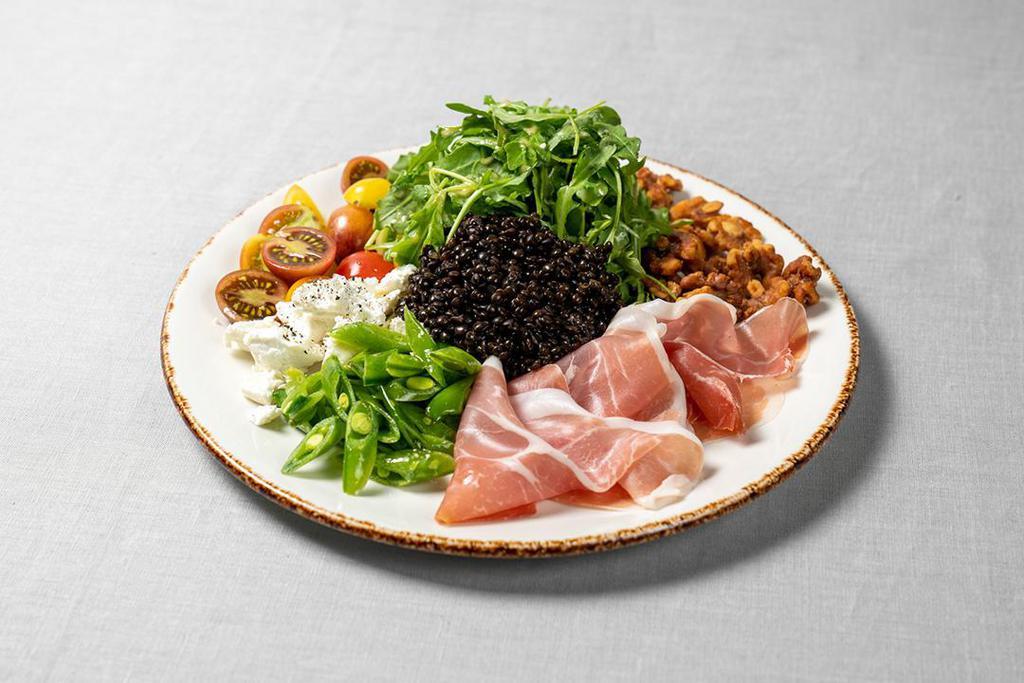 French Country Salad · Arugula, honey walnuts, black lentils, olive oil, prosciutto, marinated snap peas, grape tomatoes, goat cheese, and vinaigrette
