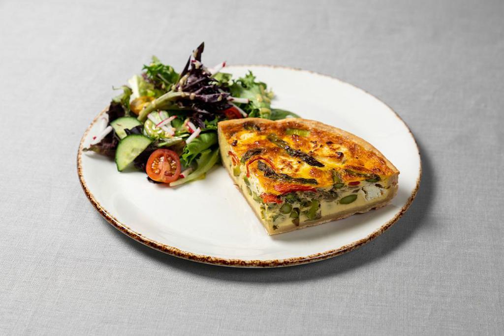 Asparagus & Goat Cheese Quiche · buttery crust filled with savory custard, asparagus, and goat cheese, served with a small side salad (490 cals)