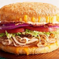 Chicken Bacon Smokecheesy™ · Chick it out. Roasted chicken breast with bacon strips, smoked cheddar cheese, lettuce, red ...