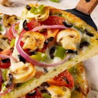 Fresh Veggie Pizza - V · Pizza for the herbivores. Mozzarella & Parmesan cheeses with basil pesto, mushrooms, green b...