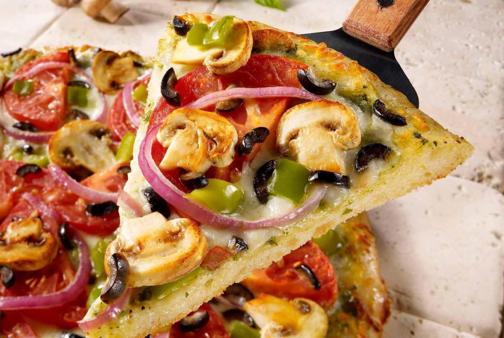Veggie Supreme Pizza · 2 cheeses, mushrooms, green bell pepper, onion, olives, tomato, marinara. Vegetarian.