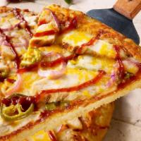 BBQ Chicken & Jalapeno Pizza · Some sweet heat. Hand-carved chicken breast with mozzarella & cheddar cheeses, BBQ sauce, re...