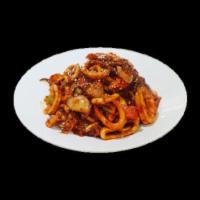 Osam Bokkeum 오삼볶음 · Stir-fried squid and pork belly.