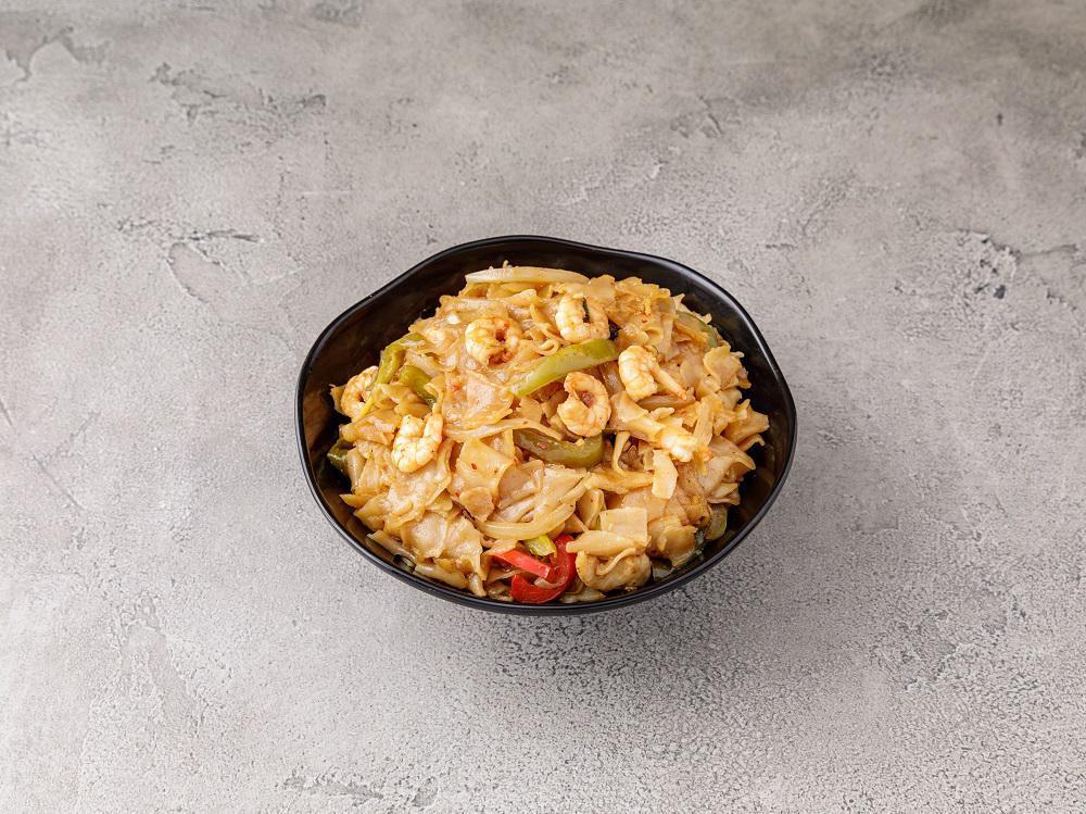 97. Drunken Noodle · Pad ki Mao. Spicy stir fried board rice noodle with basil, onion and bell peppers. Hot and spicy.