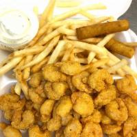 Popcorn Shrimps Platter and Drink Combo · Comes with choice of rice or fries and 3 hushpuppies.