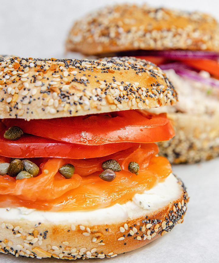 Classic Nova Lox Sandwich · Bagel with lox, scallion cream cheese, capers and tomato.