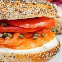 Classic · Bagel with lox, scallion cream cheese, capers and tomato.