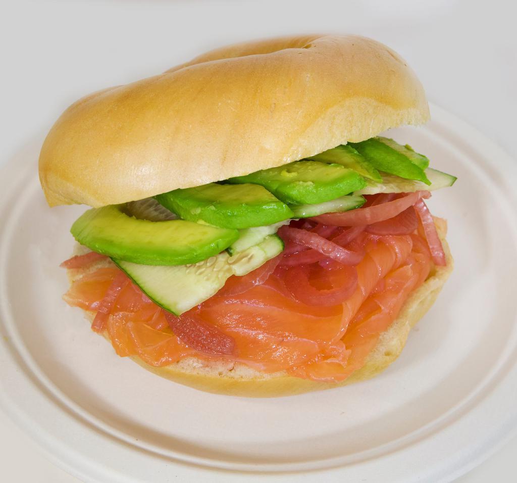 California  · Smoked salmon, avocado, pickled onions, and cucumbers.
