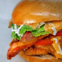 Bronx Bomber Sandwich · Chicken cutlet, bacon, cheddar, lettuce, tomato, chipotle mayo and ranch.