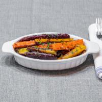 Roasted Baby Carrots · Served with Hummus & Sumac. (Vegan)