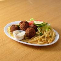 Falafel Platter · 5 pieces. Falafel comes with tzatziki sauce, fries, pita bread, and salad.